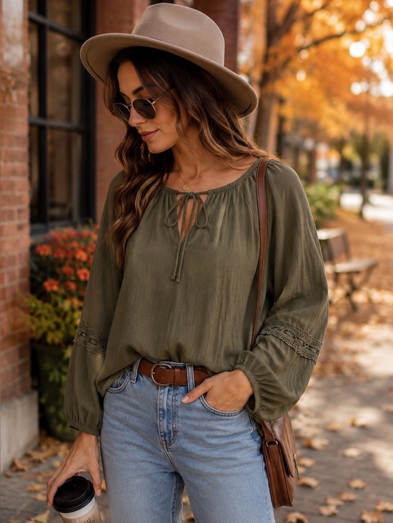 iyla Tops - Iyla Olive Green Boho Blouse | Size Medium | Lace Sleeve Peasant Top